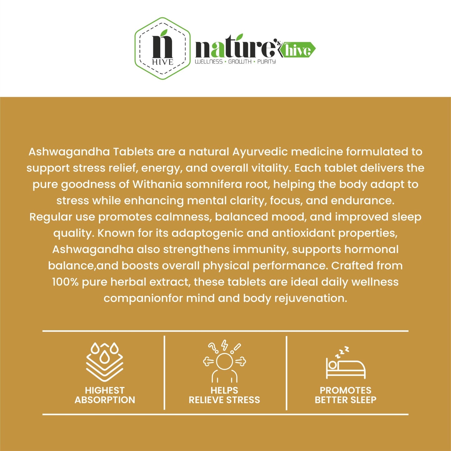 Nature's Hive Ashwagandha Tablets | Energy & Vitality Support | 60 Tablets