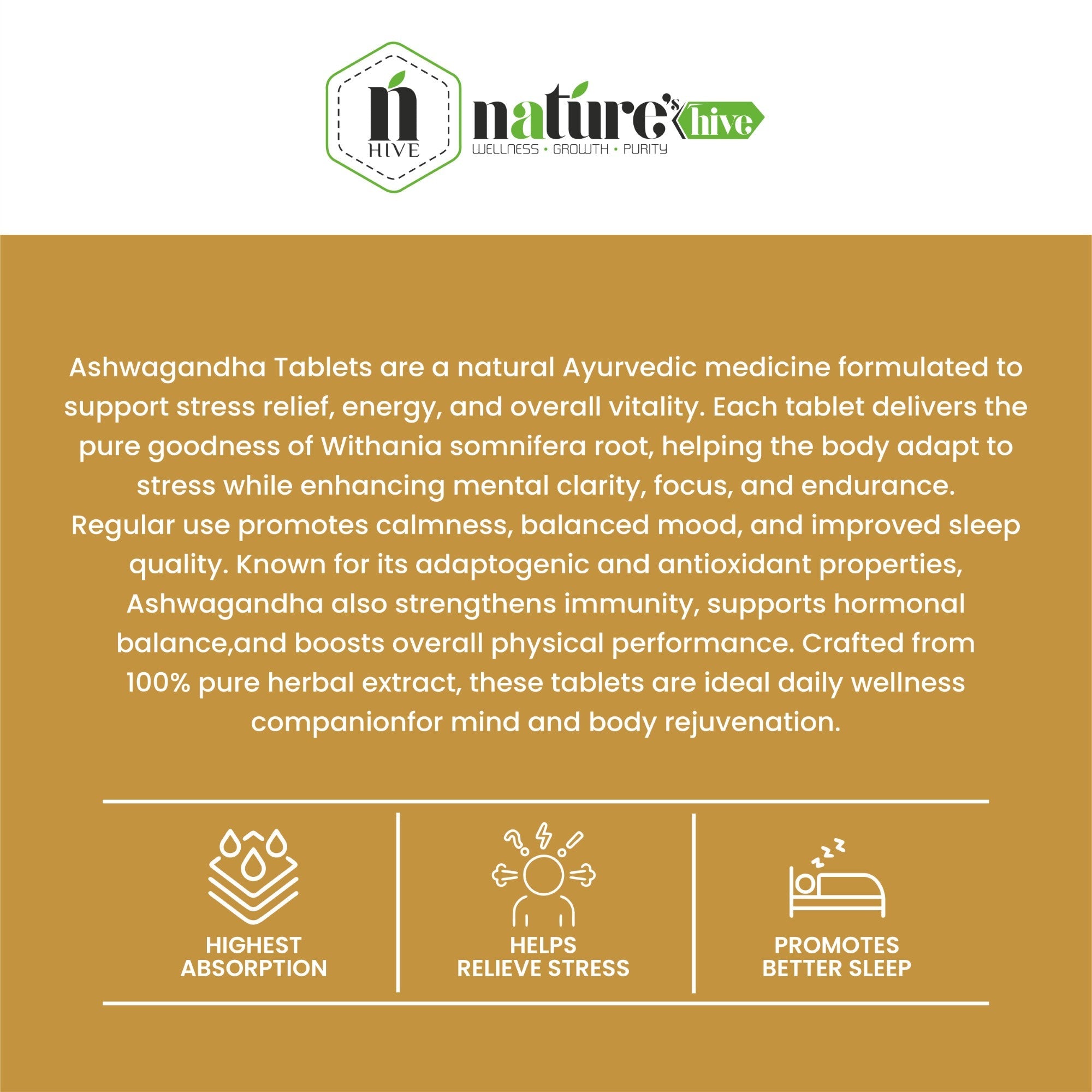 Nature's Hive Ashwagandha Tablets | Energy & Vitality Support | 60 Tablets