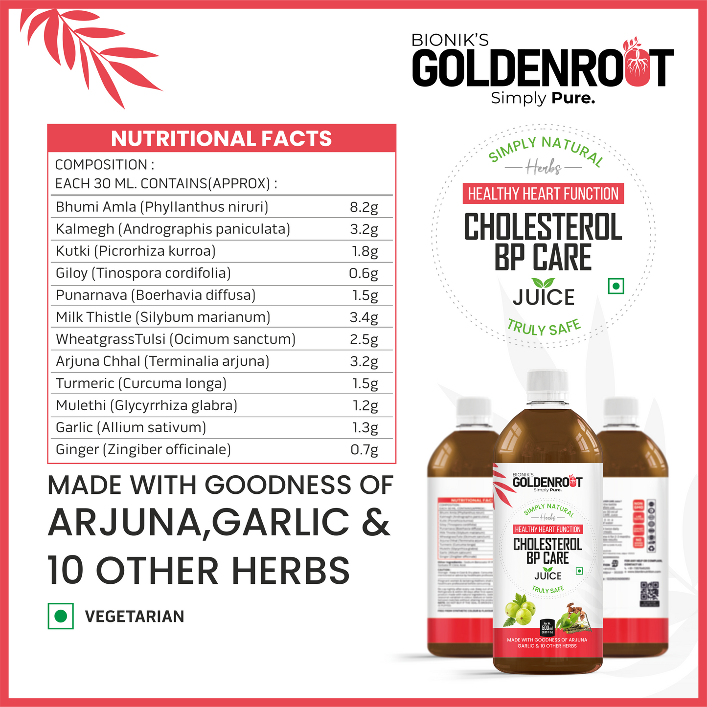 Bionik GoldenRoot Cholesterol BP Care Juice | Herbal Heart Wellness | 500 ml