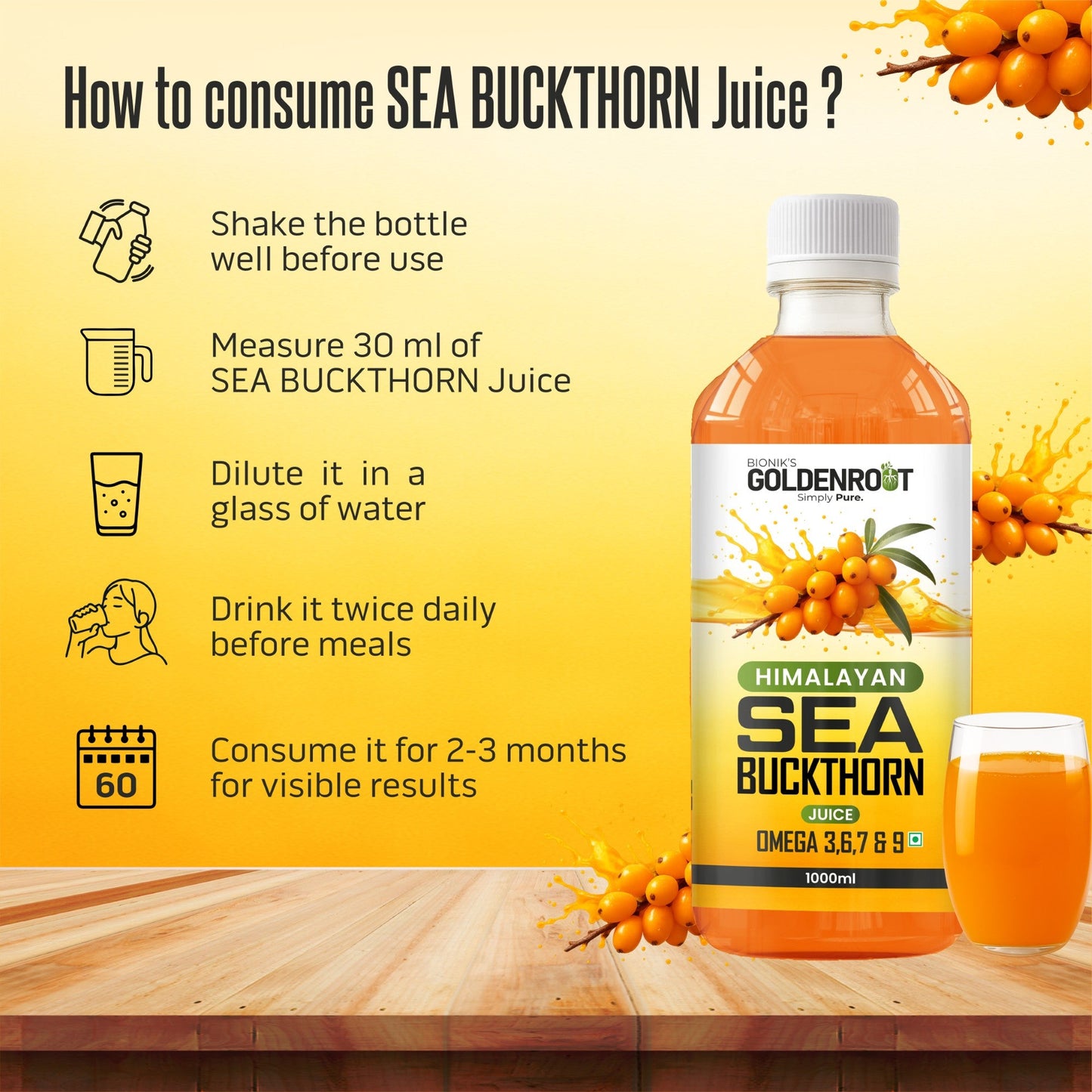 Goldenroot Himalayan Sea Buckthorn Juice | Omega 3, 6, 7 & 9 | 500 ml / 1000 ml