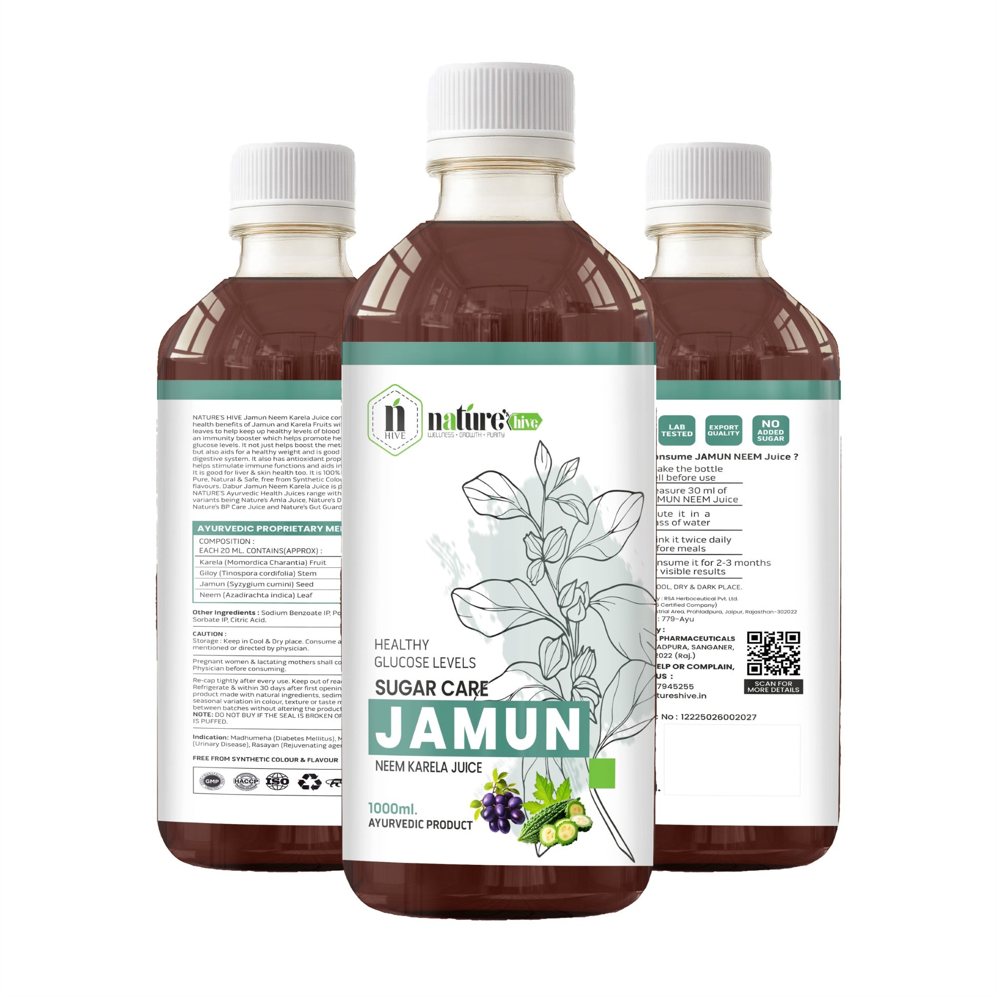 Nature's Hive Jamun Neem Karela Juice | Herbal Sugar Wellness | 1 L