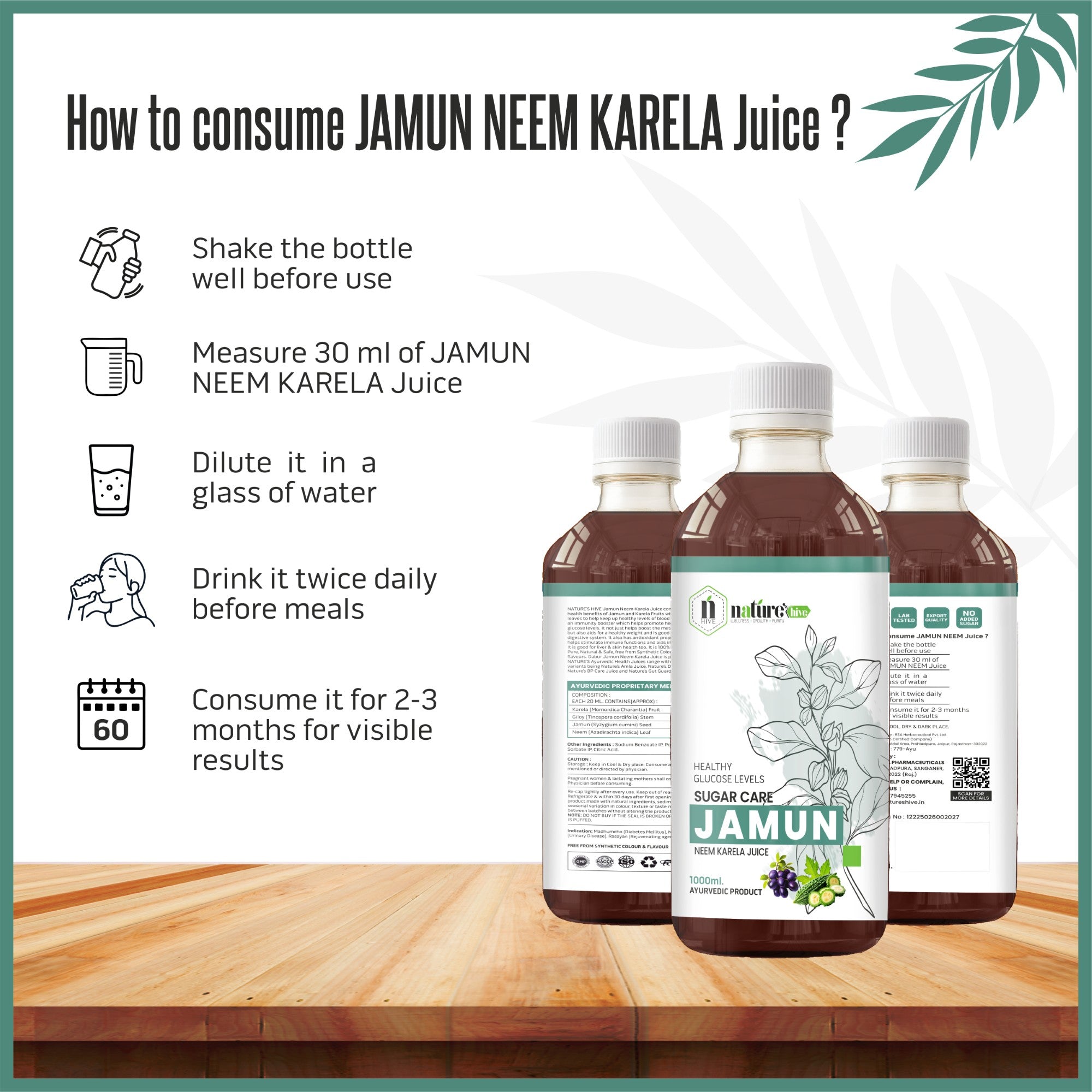 Nature's Hive Jamun Neem Karela Juice | Herbal Sugar Wellness | 1 L