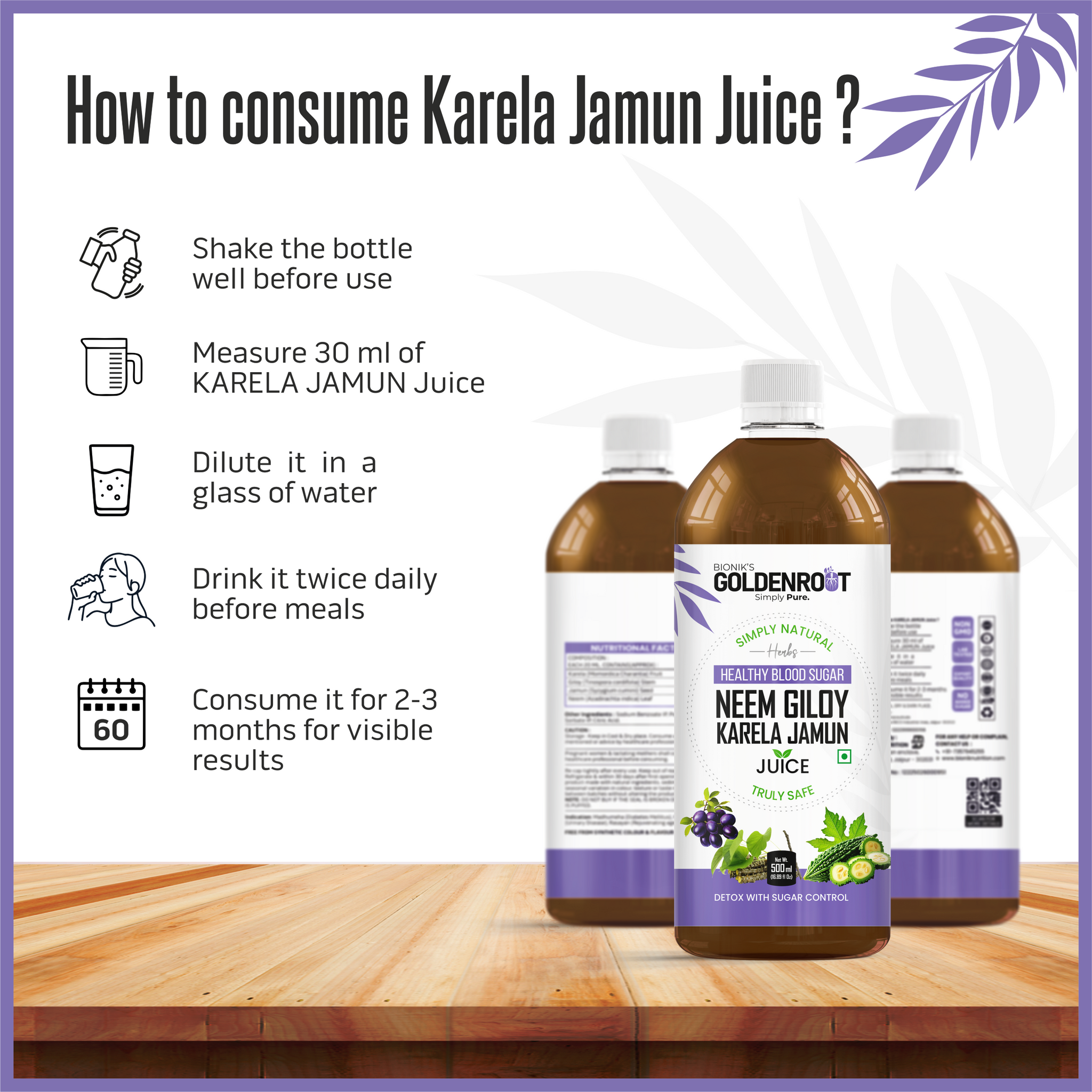Bionik GoldenRoot Neem Giloy Karela Jamun Juice | 500 ml