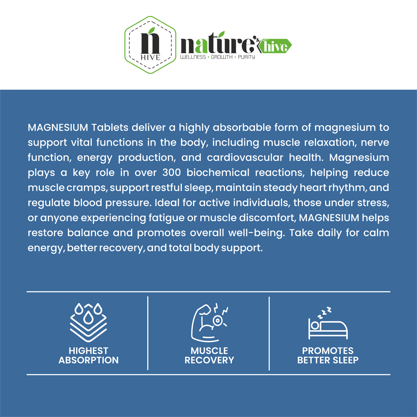 Nature's Hive Magnesium Tablets | Sleep & Muscle Recovery Support | 60 Tablets