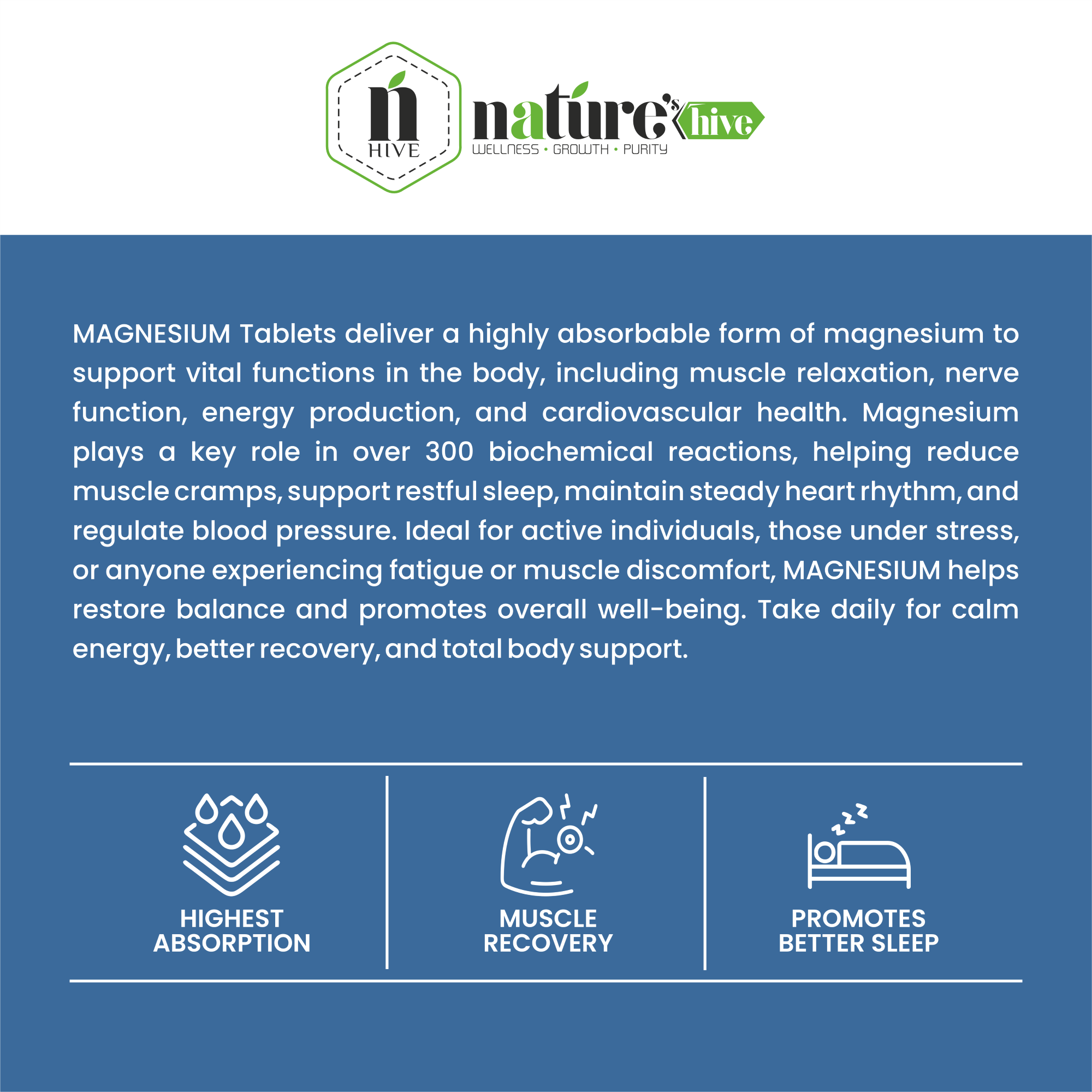 Nature's Hive Magnesium Tablets | Sleep & Muscle Recovery Support | 60 Tablets