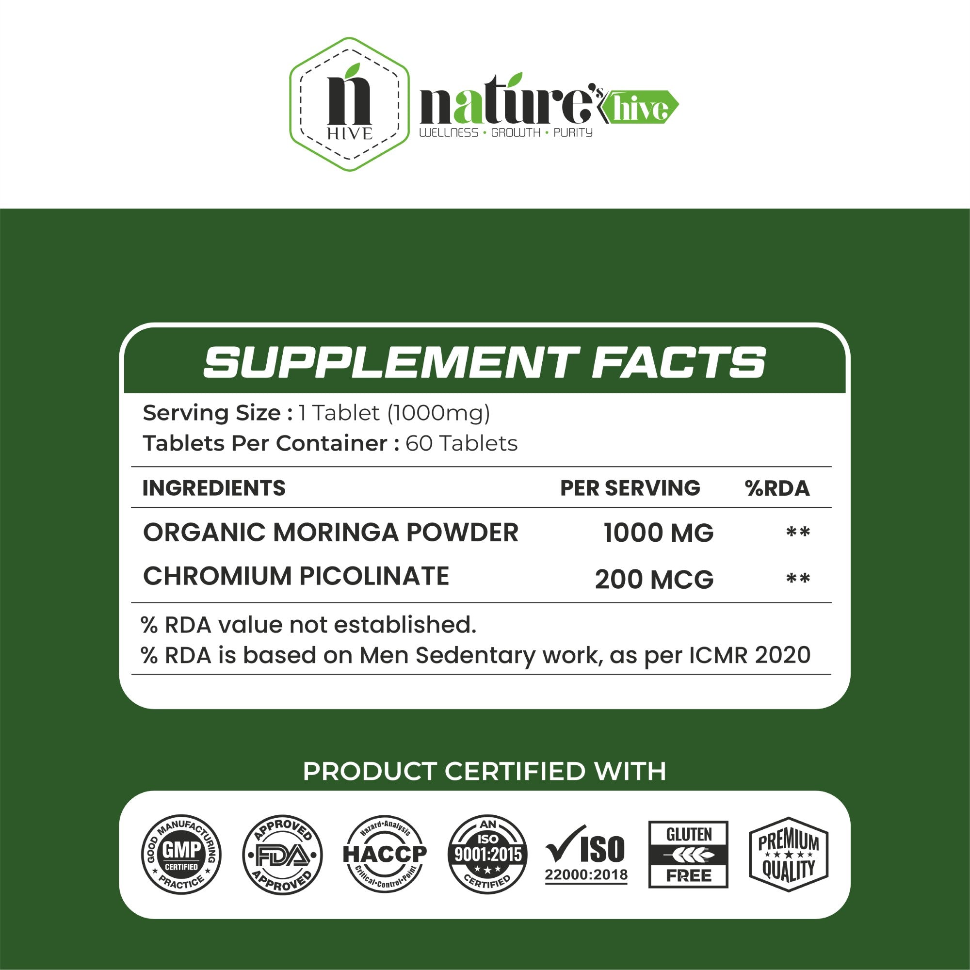 Nature's Hive Moringa Tablets | Nutrition & Immunity Support | 60 Tablets