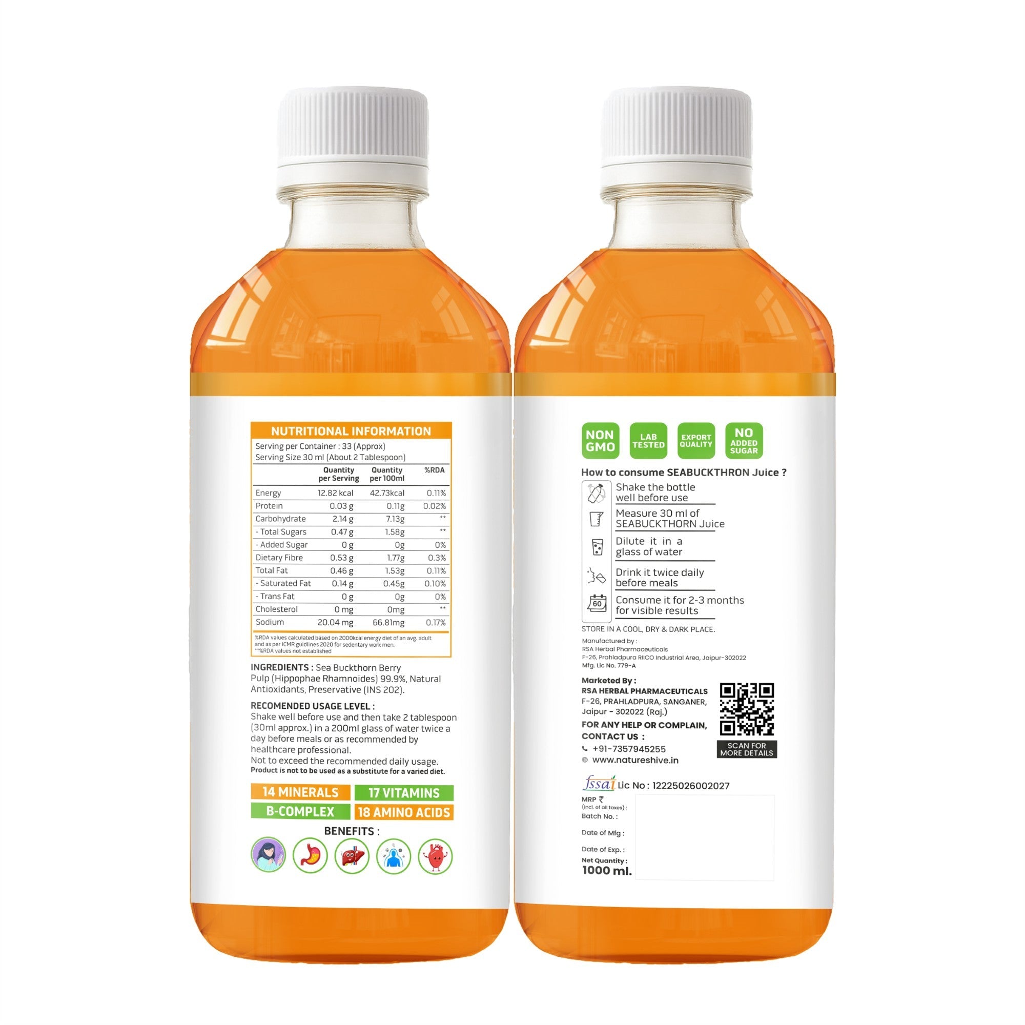 Nature's Hive Seabuckthorn Juice | Omega 3, 6, 7 & 9 | 1 L