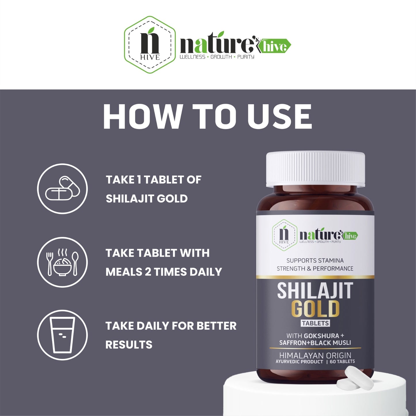 Nature's Hive Shilajit Gold Tablets | Strength, Stamina & Vitality | 60 Tablets