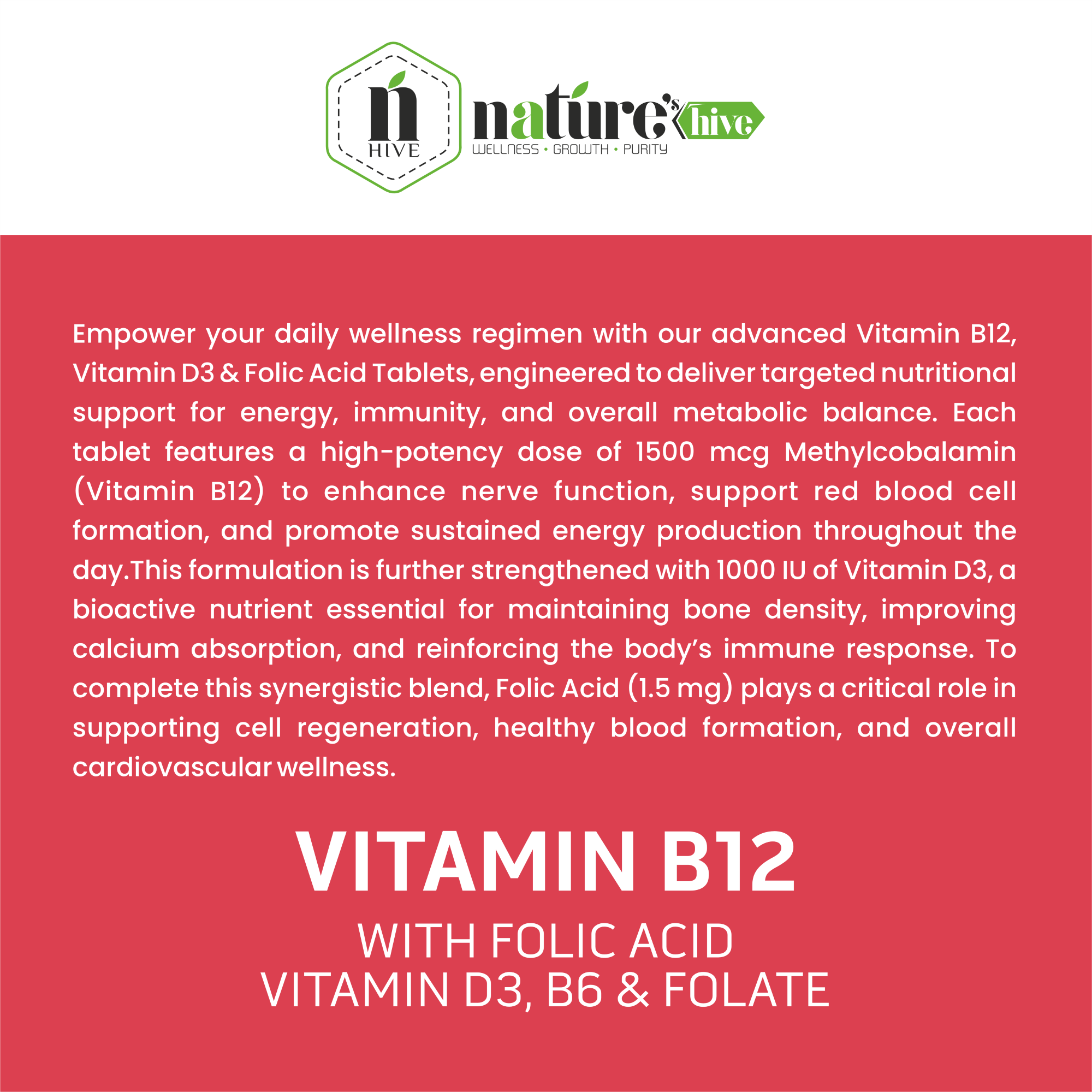 Nature's Hive Vitamin B12 1500 mcg Tablets | Energy & Nerve Wellness | 60 Tablets