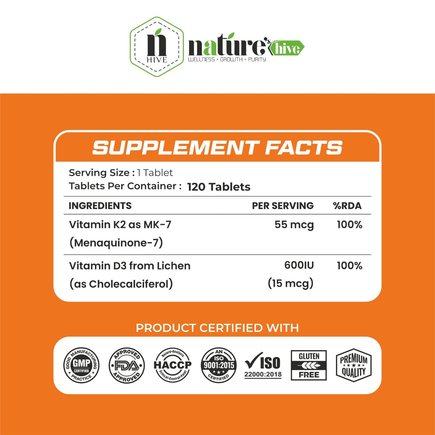 Nature's Hive Vitamin D3 + K2 Tablets | Bone Wellness Support | 60 Tablets