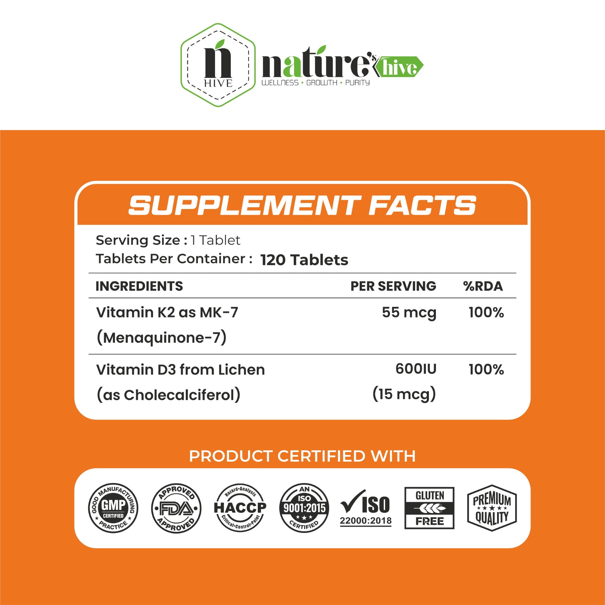 Nature's Hive Vitamin D3 + K2 Tablets | Bone Wellness Support | 60 Tablets
