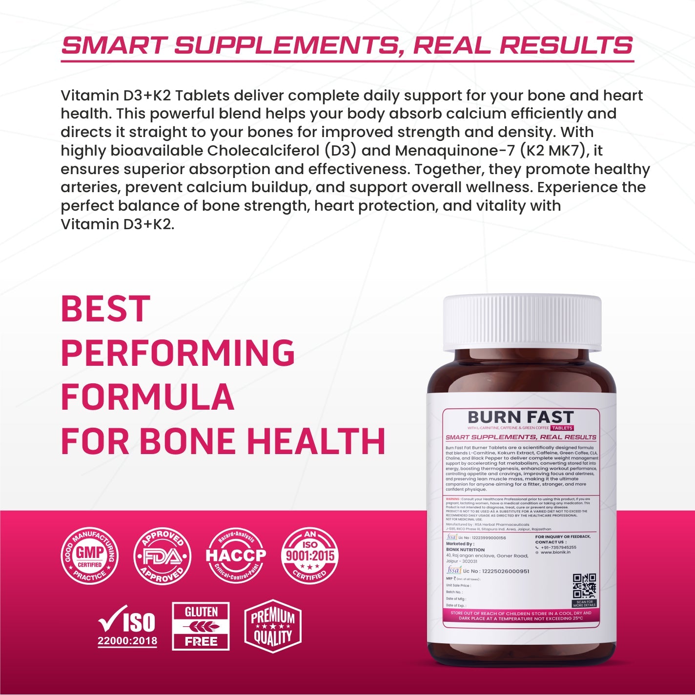BIONIK NUTRITION Vitamin D3 + K2 MK7 Tablets | 600 IU D3 & 55 mcg K2 | 120 Tablets