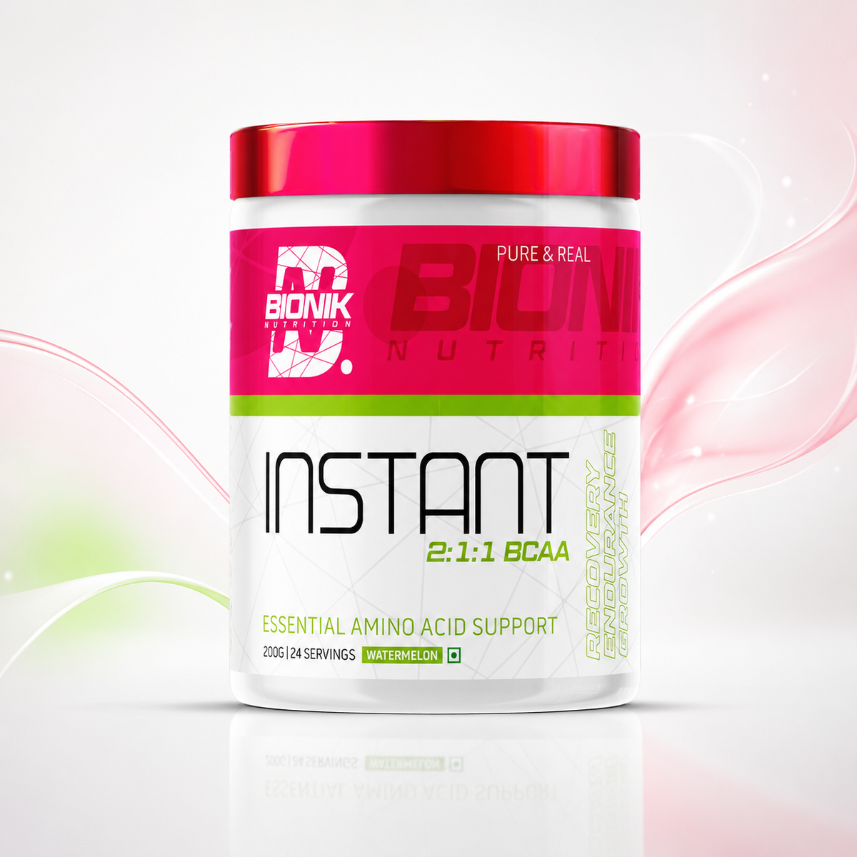 BIONIK NUTRITION EAA Essential Amino Acids supplement in watermelon flavor, 300g container, with colorful label and scoop.