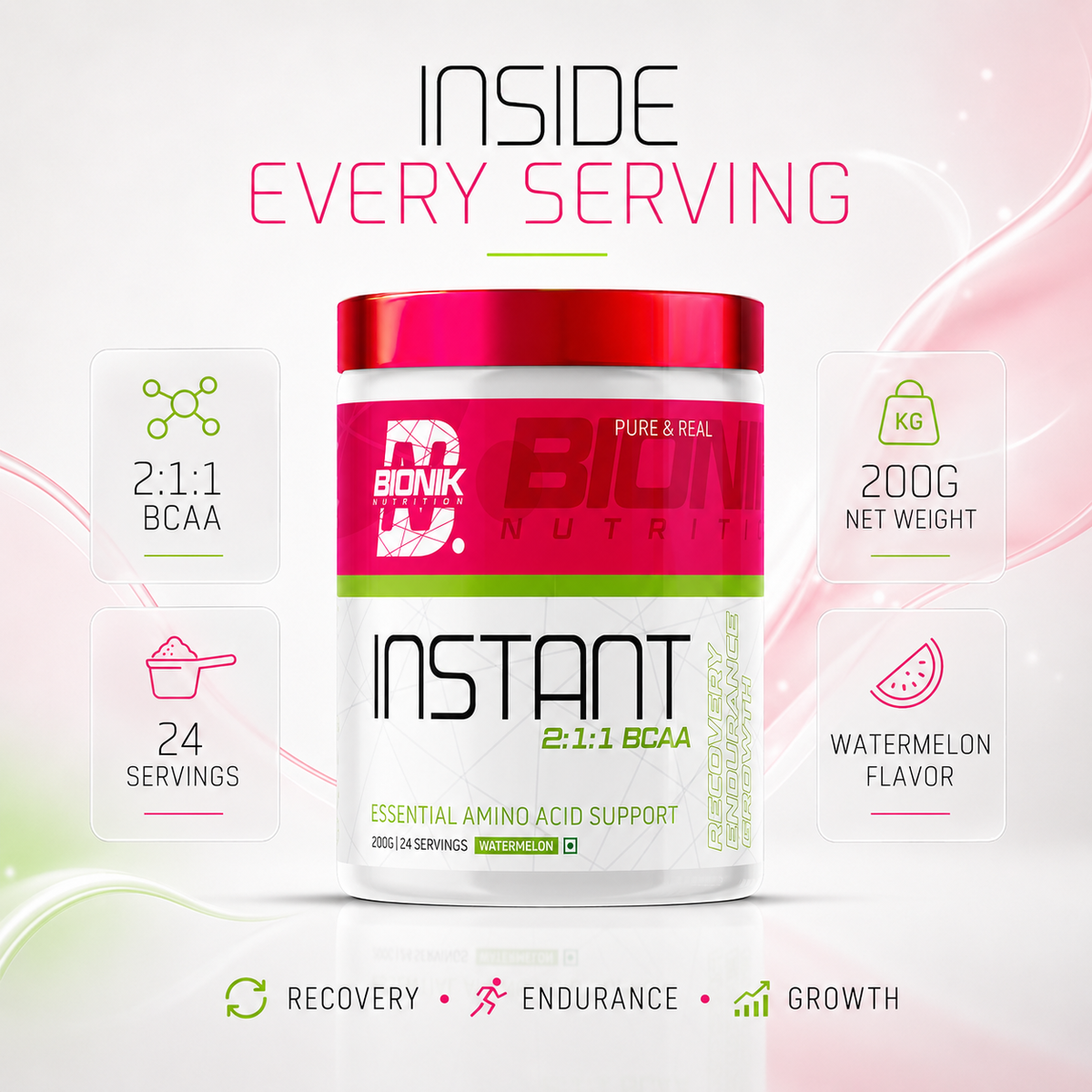 BIONIK NUTRITION EAA Essential Amino Acids supplement in watermelon flavor, 300g jar with colorful label.