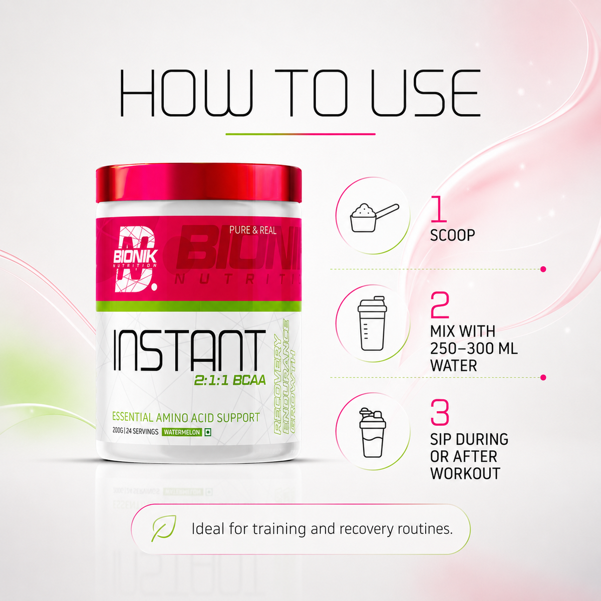 BIONIK NUTRITION EAA Essential Amino Acids supplement in watermelon flavor, 300g container, showing the product label.