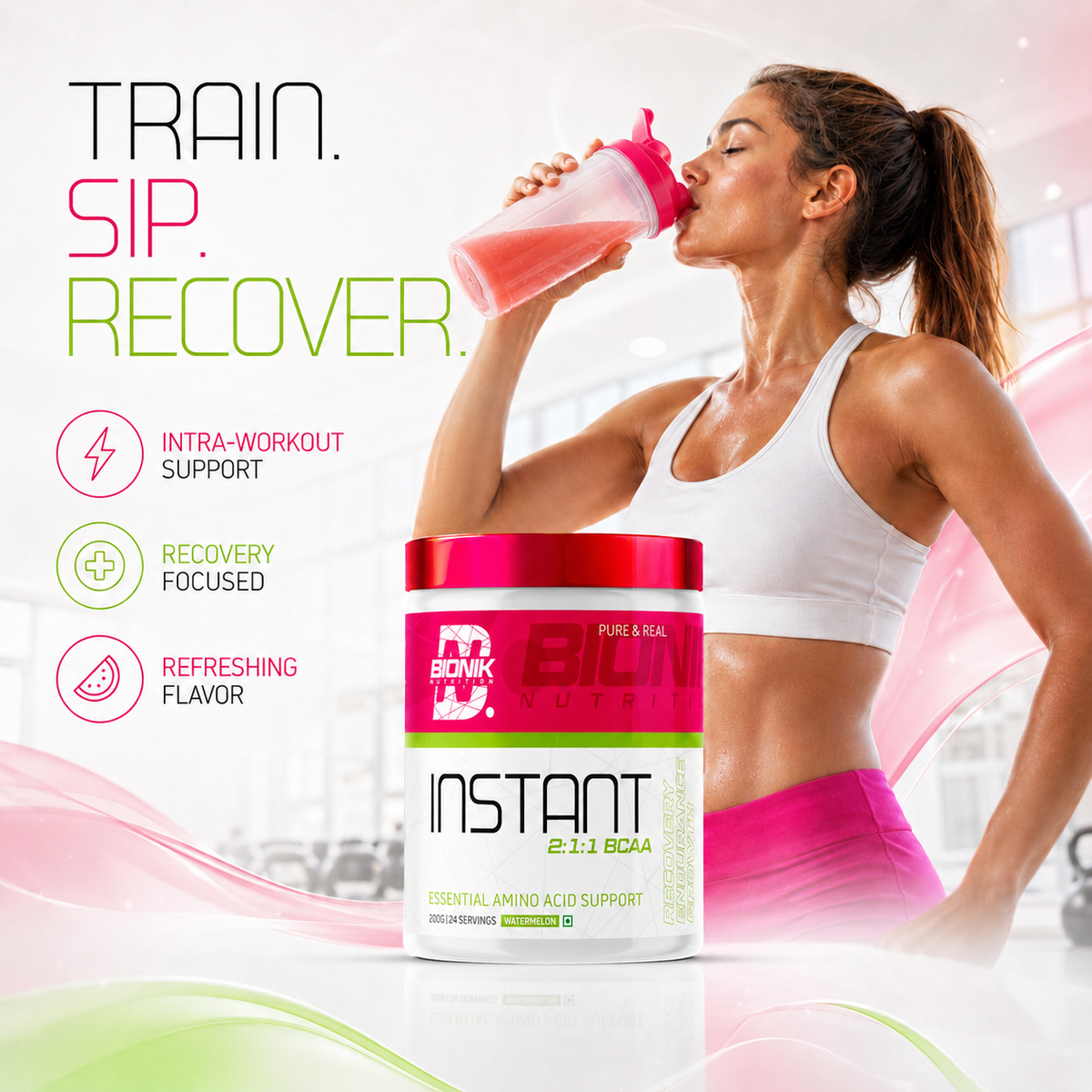 BIONIK NUTRITION EAA Essential Amino Acids supplement in watermelon flavor, showing the 300g container and colorful label.
