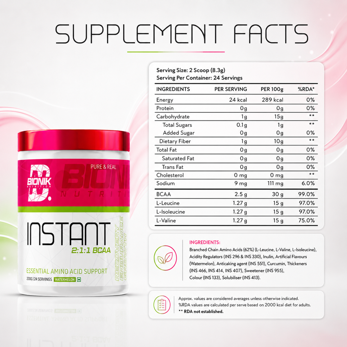 BIONIK NUTRITION EAA Essential Amino Acids supplement in watermelon flavor, 300g container with product label and scoop.