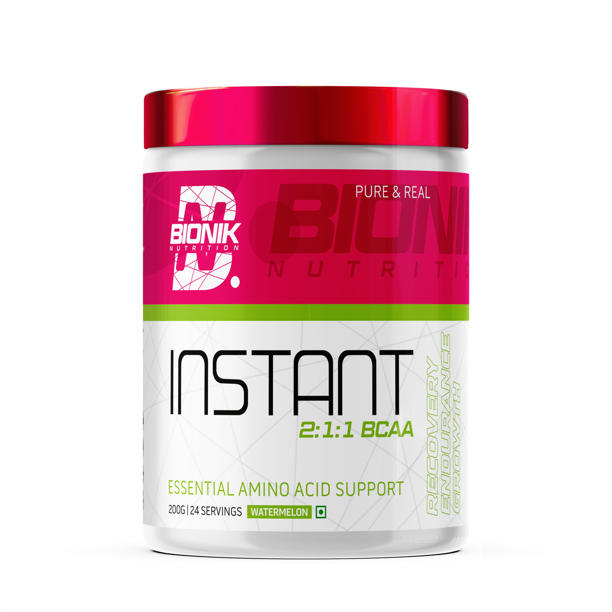BIONIK NUTRITION EAA Essential Amino Acids supplement in watermelon flavor, 300g jar with colorful label and scoop of powder.