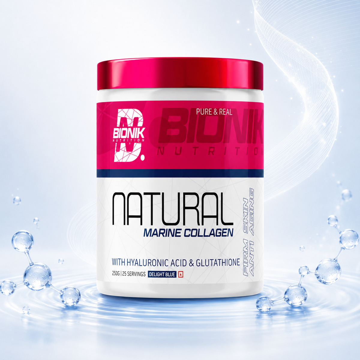 BIONIK NUTRITION Natural Marine Collagen Delight Blue 250g supplement jar with blue label and product name on the front.