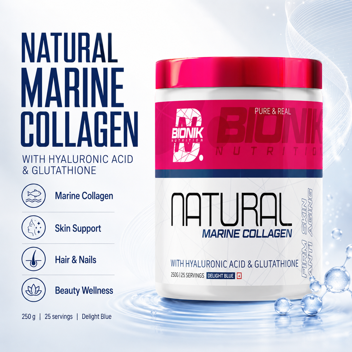 BIONIK NUTRITION Natural Marine Collagen supplement in a 250g container, featuring a blue label, on a white background.