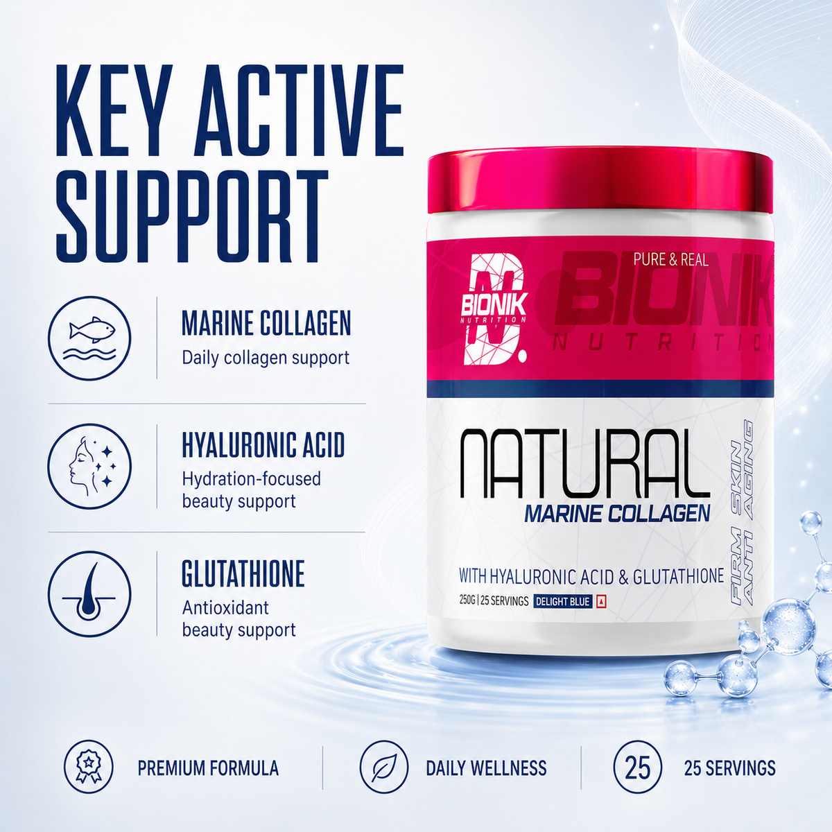 BIONIK NUTRITION Natural Marine Collagen supplement in a 250g jar, featuring a blue label, designed for skin and joint support.