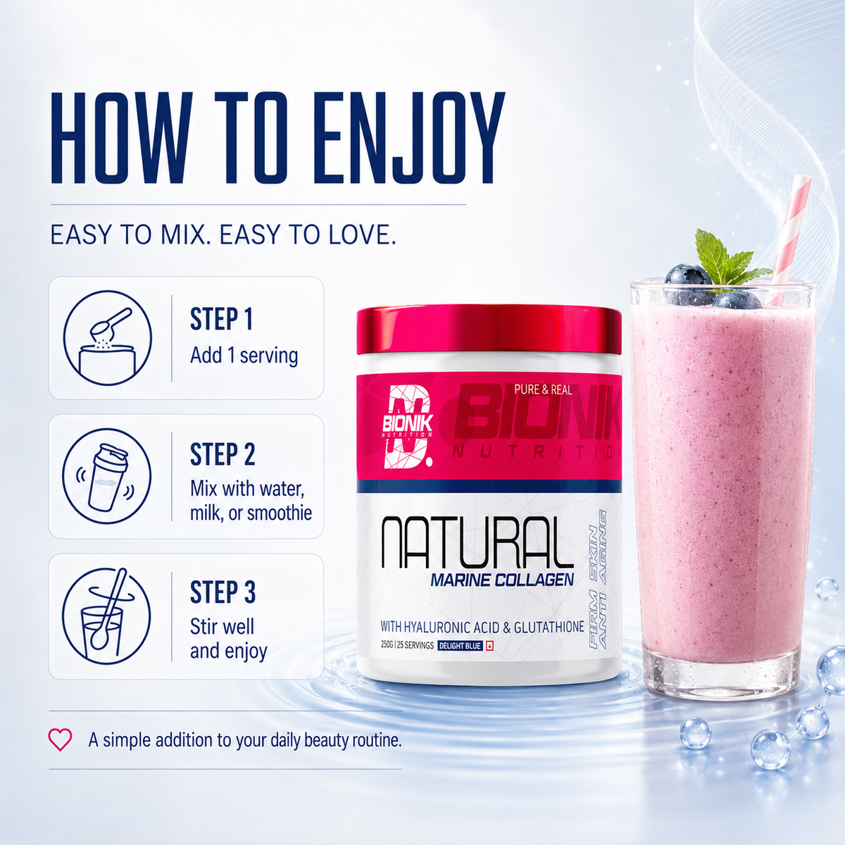 BIONIK NUTRITION Natural Marine Collagen Delight Blue 250g supplement jar with blue label and white lid.