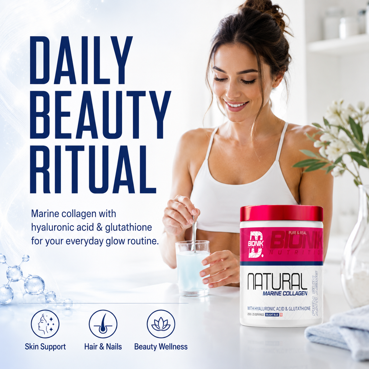 BIONIK NUTRITION Natural Marine Collagen supplement in a 250g package, featuring a blue label and supplement scoop.