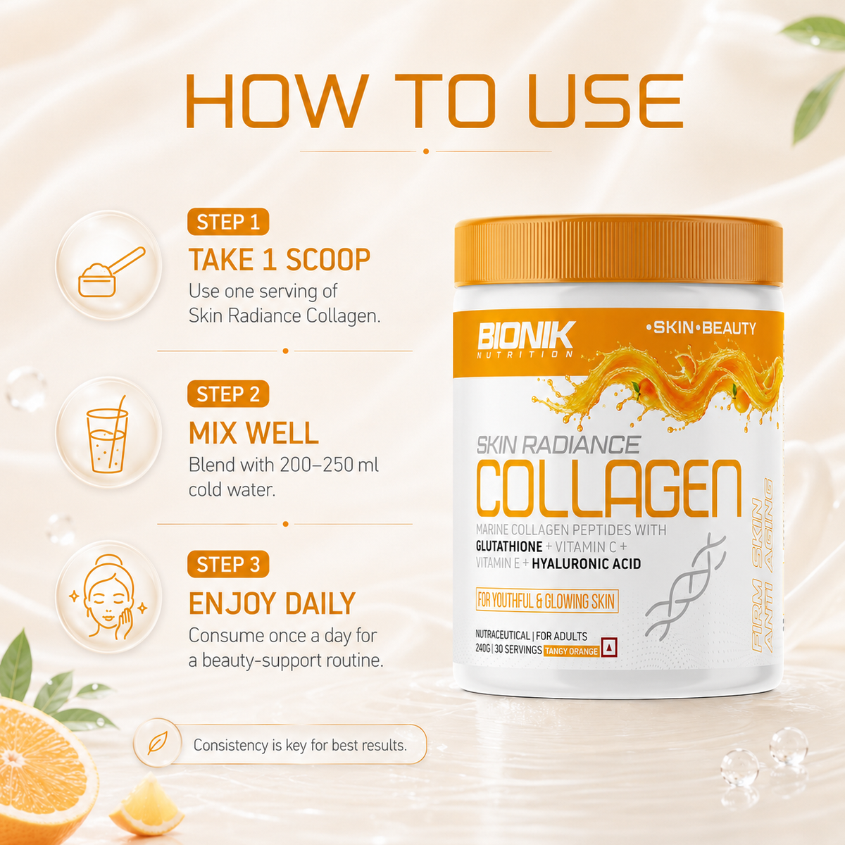 BIONIK NUTRITION Marine Collagen supplement with hyaluronic acid and glutathione in a 250g orange container.