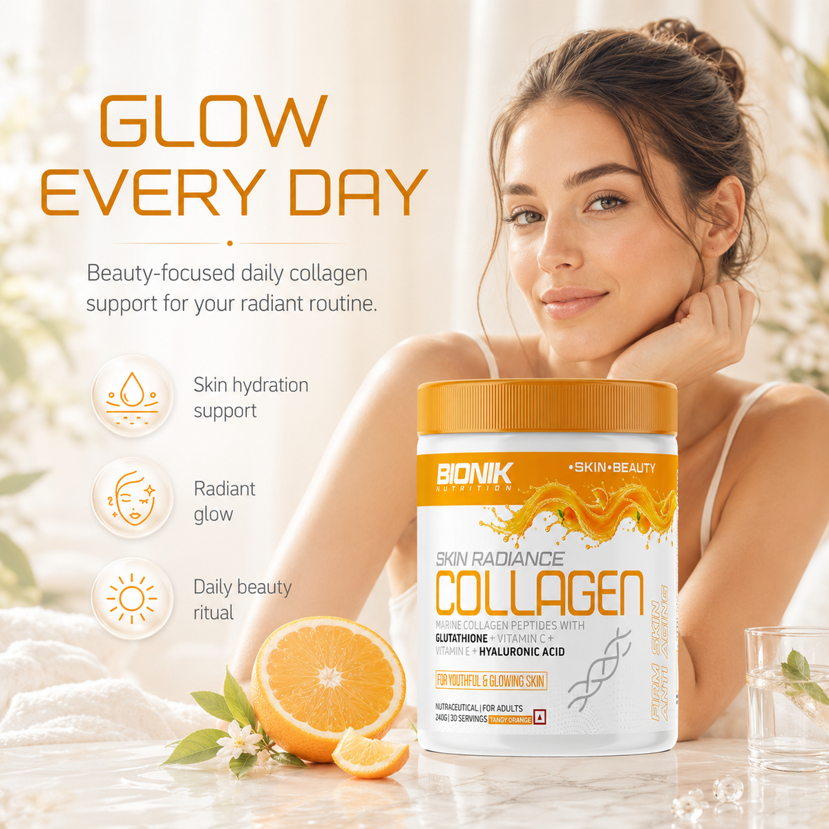 BIONIK NUTRITION Marine Collagen supplement jar with orange label, containing 250g of natural collagen with hyaluronic acid and glutathione.