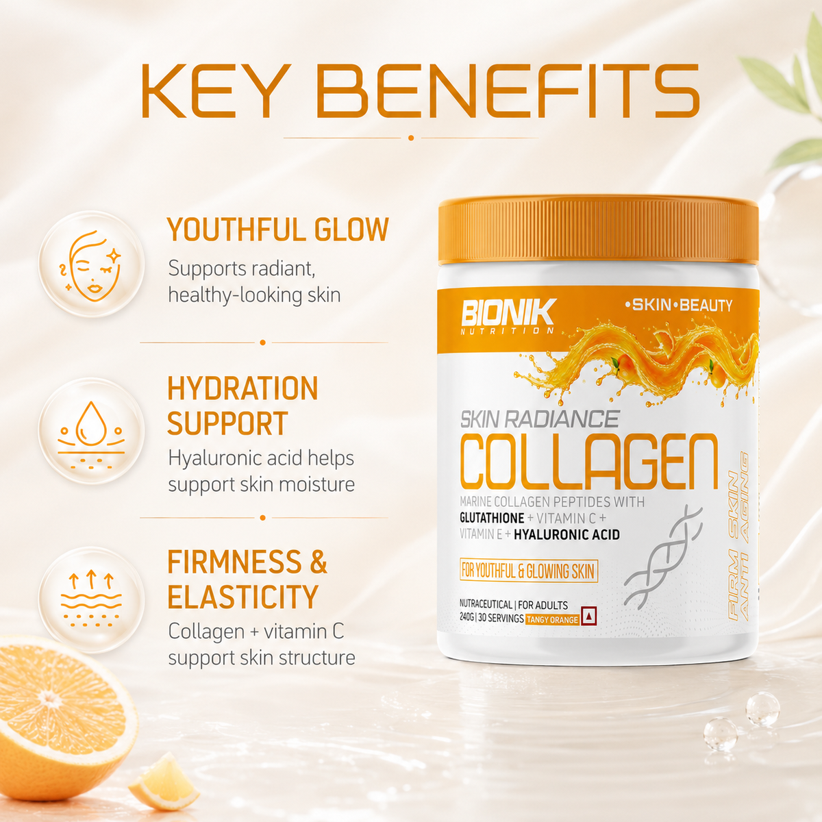 BIONIK NUTRITION Marine Collagen supplement with hyaluronic acid and glutathione in a 250g orange container