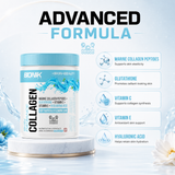 BIONIK NUTRITION Natural Marine Collagen supplement 250g jar with orange label, featuring hyaluronic acid and glutathione ingredients.