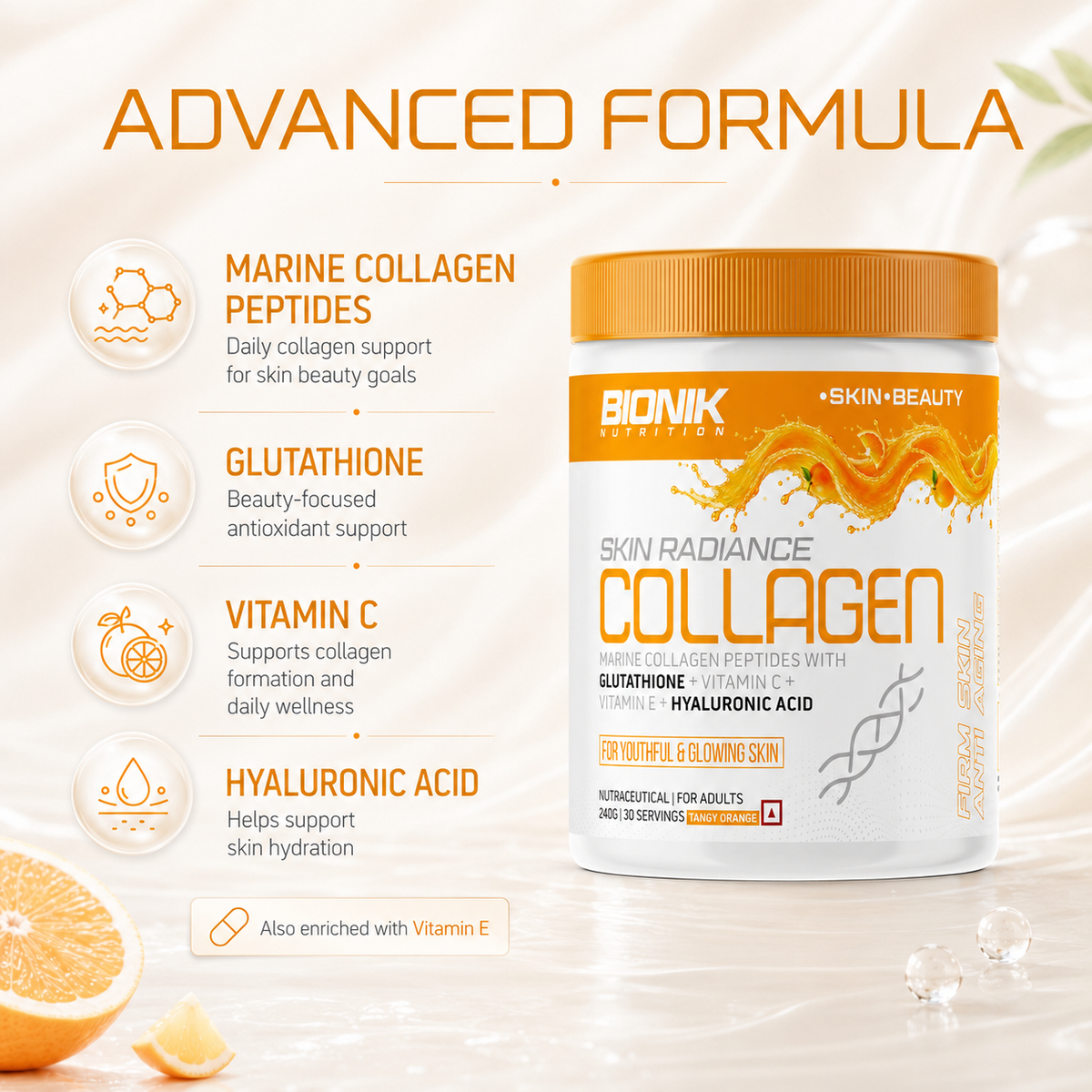 BIONIK NUTRITION Marine Collagen supplement in 250g jar with orange label, featuring hyaluronic acid and glutathione ingredients.