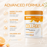 BIONIK NUTRITION Marine Collagen supplement in 250g jar with orange label, featuring hyaluronic acid and glutathione ingredients.