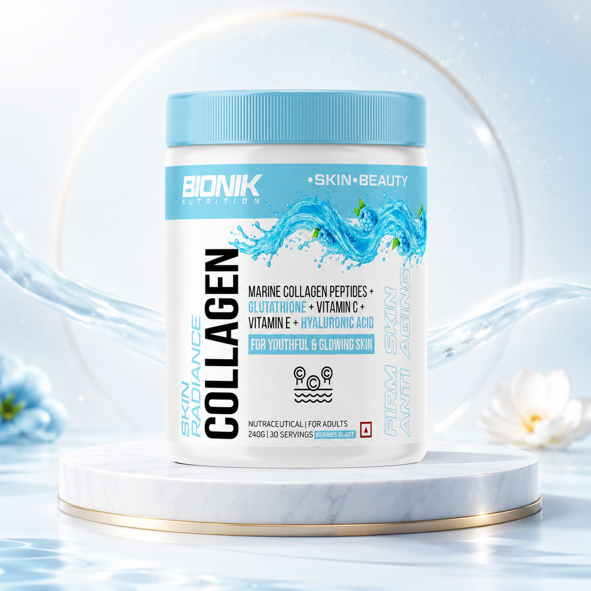BIONIK NUTRITION Natural Marine Collagen supplement with hyaluronic acid and glutathione, 250g jar on a white background.
