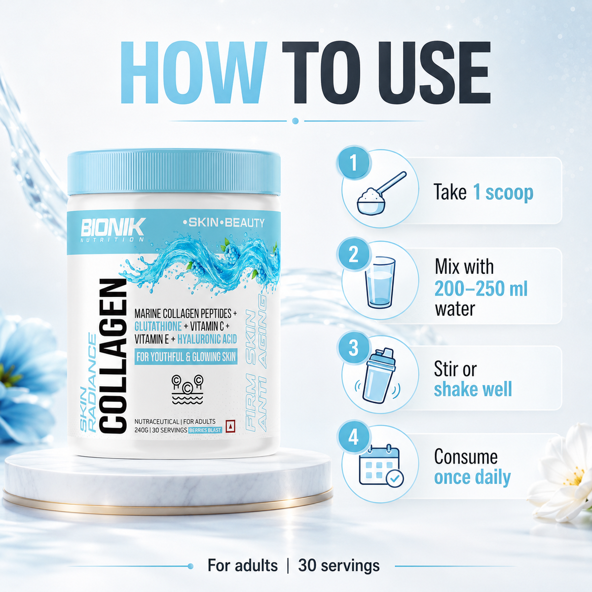 BIONIK NUTRITION Natural Marine Collagen supplement with hyaluronic acid and glutathione, 250g jar with orange label.