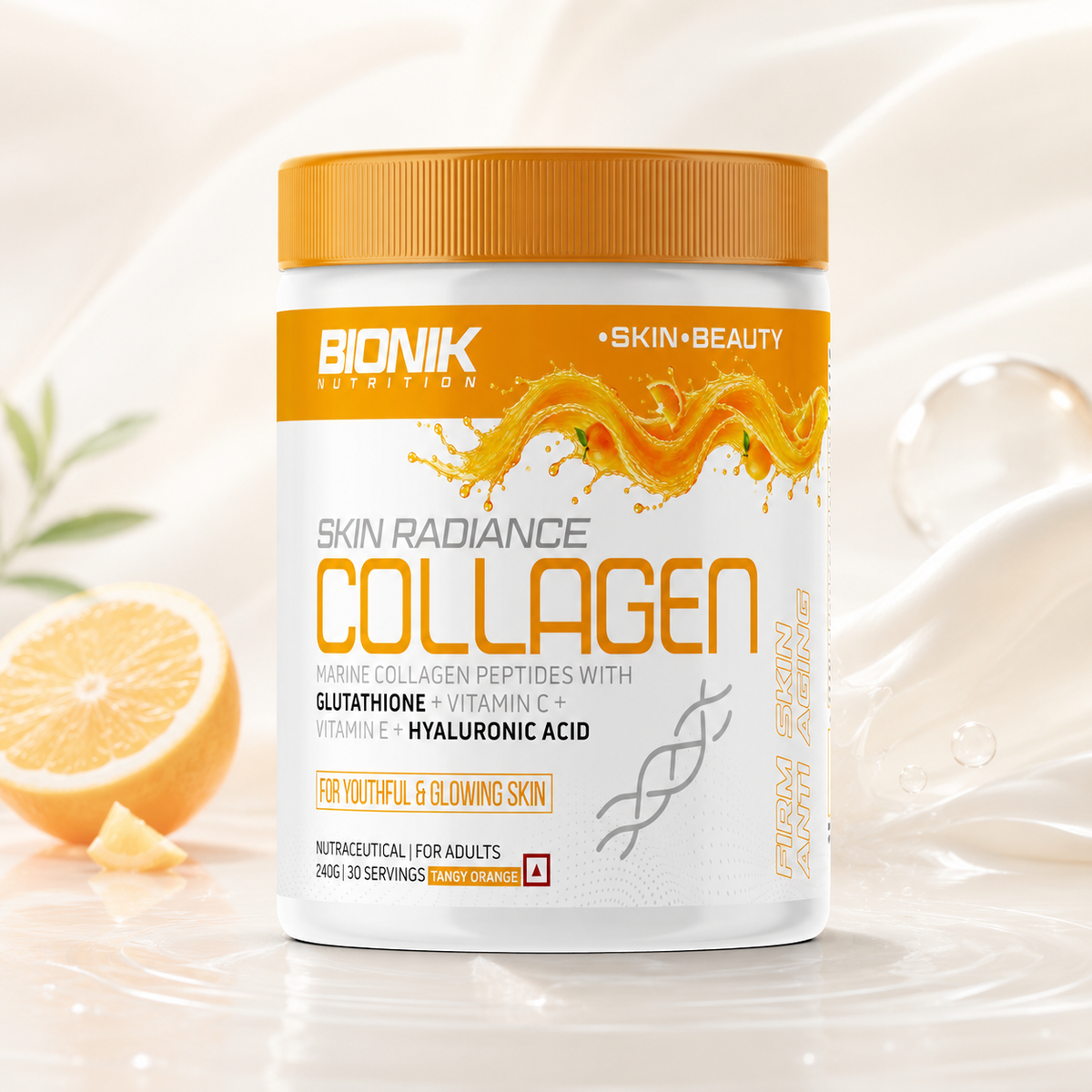 BIONIK NUTRITION Marine Collagen supplement with hyaluronic acid and glutathione, 250g jar with orange label on white background.