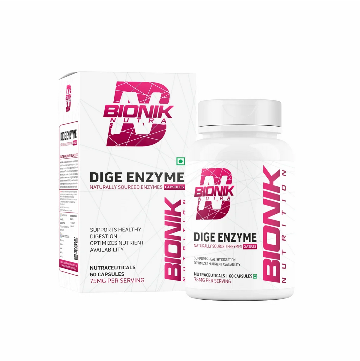 BIONIK NUTRITION Dige Enzyme Tablets, digestive supplement bottle with 60 tablets, natural enzyme support for digestion.