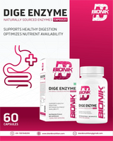 BIONIK NUTRITION Dige Enzyme Tablets digestive supplement bottle with 60 tablets, showing the label and product packaging.