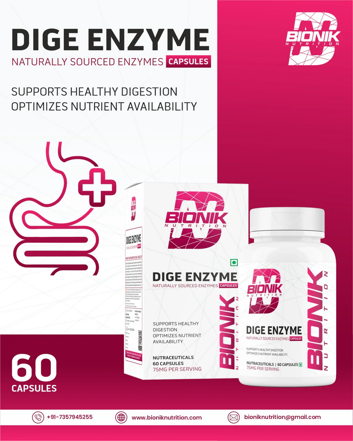 BIONIK NUTRITION Dige Enzyme Tablets digestive supplement bottle with 60 tablets, showing the label and product packaging.