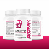 BIONIK NUTRITION Dige Enzyme Tablets digestive supplement bottle with 60 tablets, showing the product label and packaging.