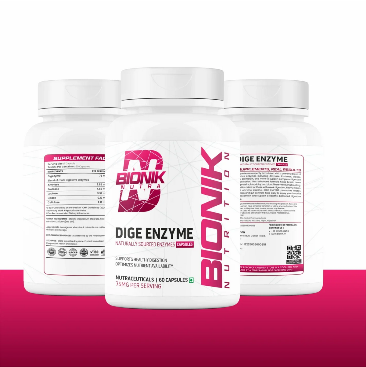 BIONIK NUTRITION Dige Enzyme Tablets digestive supplement bottle with 60 tablets, showing the product label and packaging.