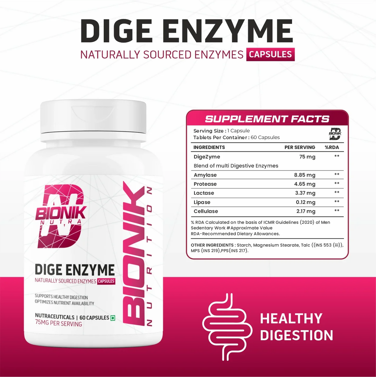 BIONIK NUTRITION Dige Enzyme Tablets, digestive supplement bottle with 60 tablets, showing the product label and packaging.