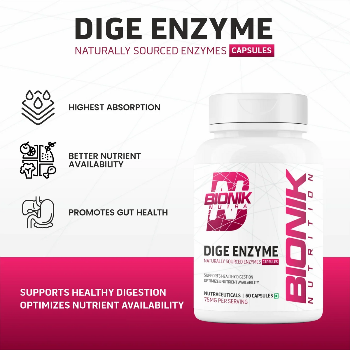 BIONIK NUTRITION Dige Enzyme Tablets, digestive supplement bottle with 60 tablets, natural digestive aid for optimal gut health.