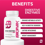 BIONIK NUTRITION Dige Enzyme Tablets, 60-count digestive supplement bottle with white tablets inside.