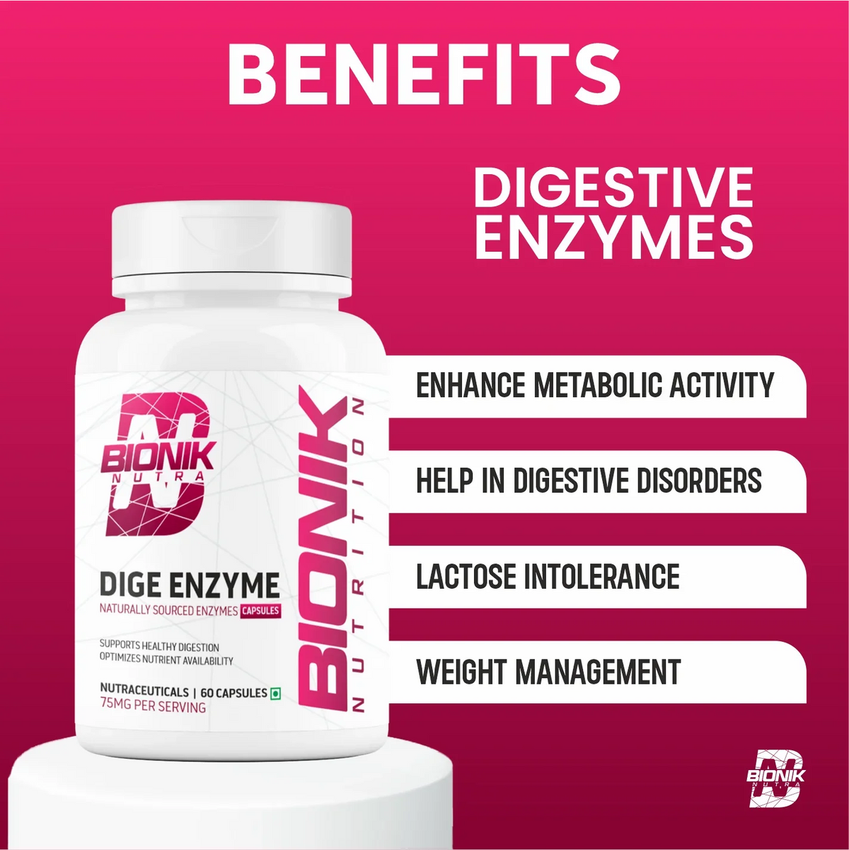 BIONIK NUTRITION Dige Enzyme Tablets, 60-count digestive supplement bottle with white tablets inside.