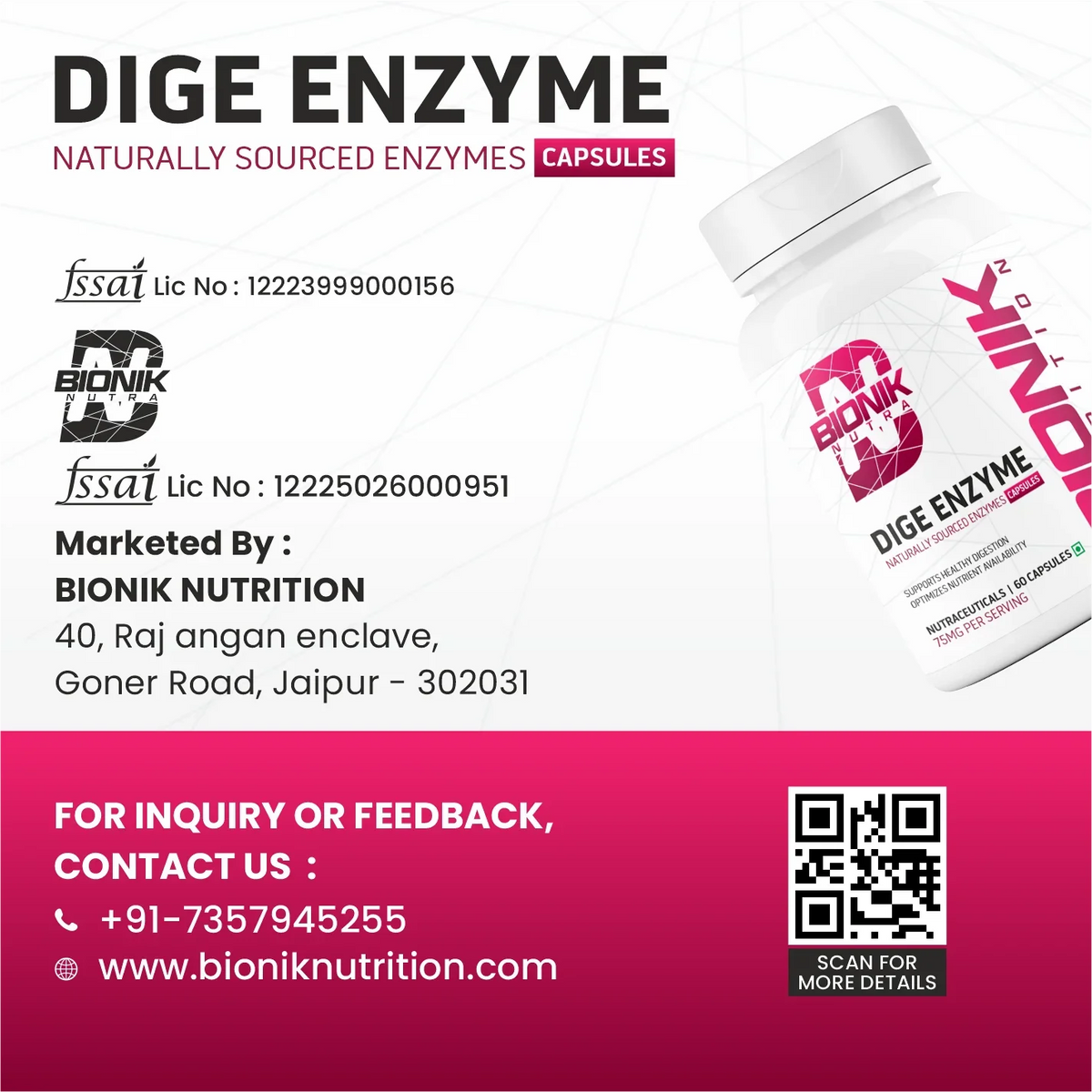 BIONIK NUTRITION Dige Enzyme Tablets, digestive supplement bottle with 60 tablets, showing the product label and packaging