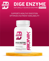 BIONIK NUTRITION Dige Enzyme Tablets, 60-count digestive supplement bottle with tablets inside.