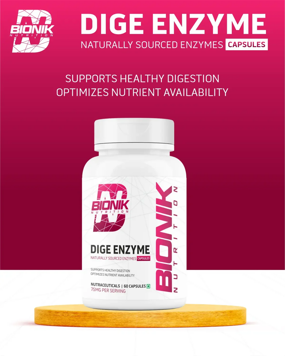 BIONIK NUTRITION Dige Enzyme Tablets, 60-count digestive supplement bottle with tablets inside.