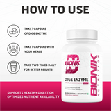 BIONIK NUTRITION Dige Enzyme Tablets, digestive supplement in a bottle of 60 tablets, showing the supplement packaging.