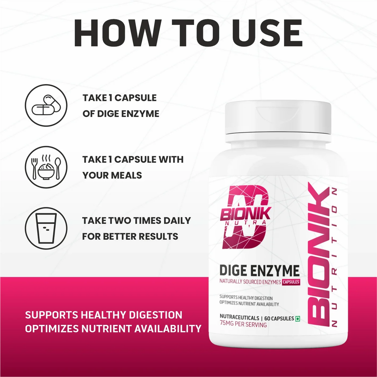 BIONIK NUTRITION Dige Enzyme Tablets, digestive supplement in a bottle of 60 tablets, showing the supplement packaging.